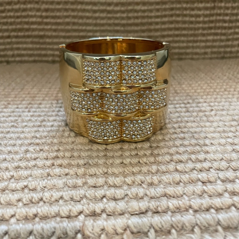 Rhinestone and Gold Wide Hinged Bracelet